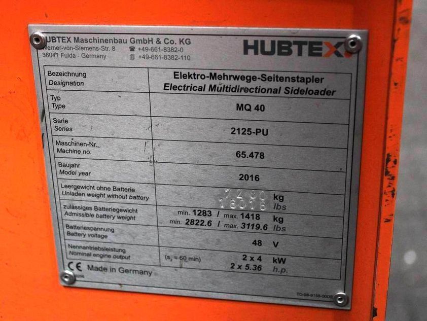 Hubtex MQ 40 (Серія 2125-PU) електричний багатоходовий бічний навантажувач